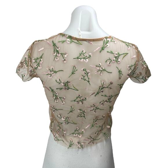 Urban Outfitters Kimchi Brown Mesh Floral Embroidered Sheer Crop Blouse Top XS - Picture 2 of 3